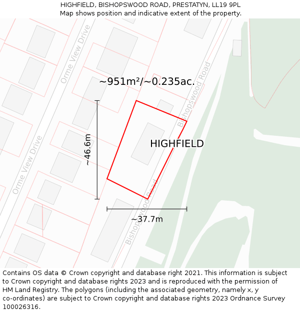 HIGHFIELD, BISHOPSWOOD ROAD, PRESTATYN, LL19 9PL: Plot and title map