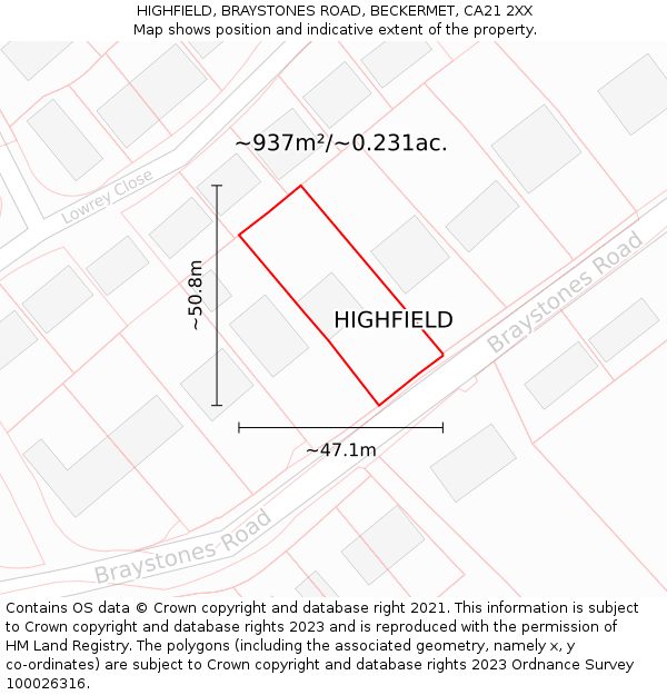 HIGHFIELD, BRAYSTONES ROAD, BECKERMET, CA21 2XX: Plot and title map