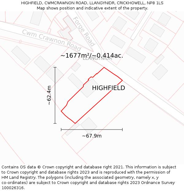 HIGHFIELD, CWMCRAWNON ROAD, LLANGYNIDR, CRICKHOWELL, NP8 1LS: Plot and title map