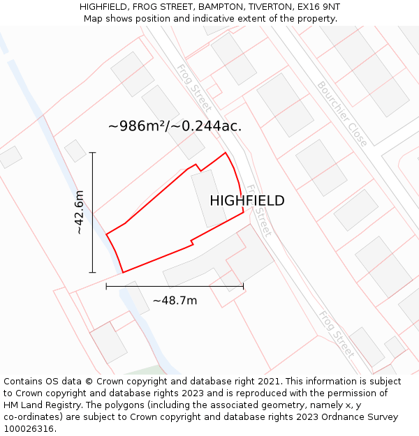 HIGHFIELD, FROG STREET, BAMPTON, TIVERTON, EX16 9NT: Plot and title map