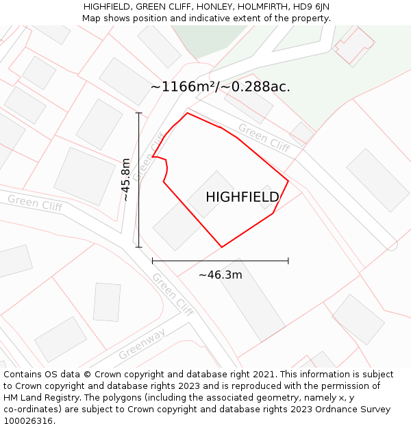 HIGHFIELD, GREEN CLIFF, HONLEY, HOLMFIRTH, HD9 6JN: Plot and title map