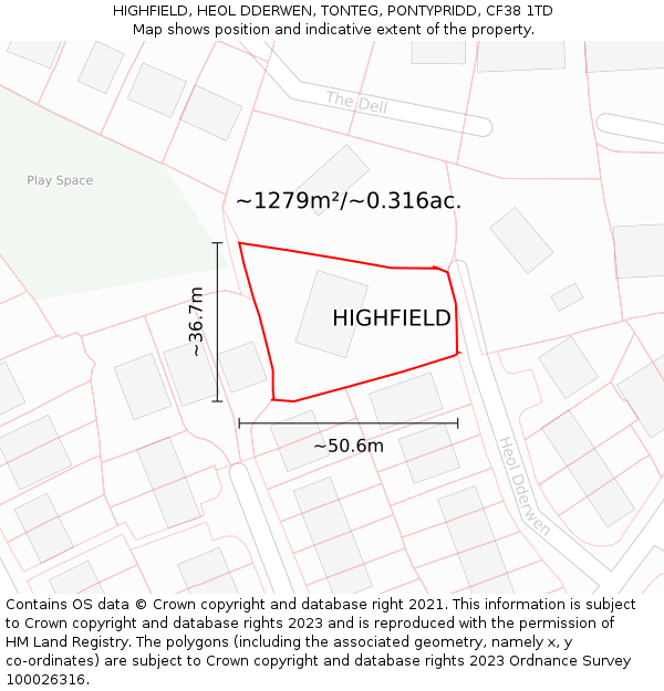 HIGHFIELD, HEOL DDERWEN, TONTEG, PONTYPRIDD, CF38 1TD: Plot and title map