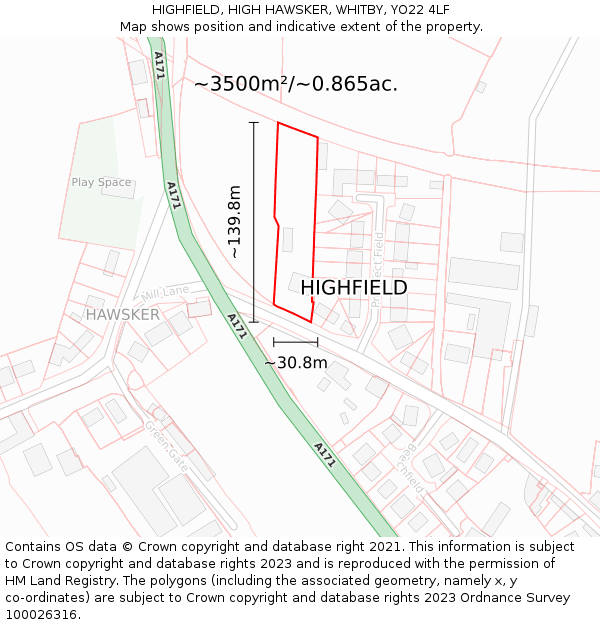 HIGHFIELD, HIGH HAWSKER, WHITBY, YO22 4LF: Plot and title map