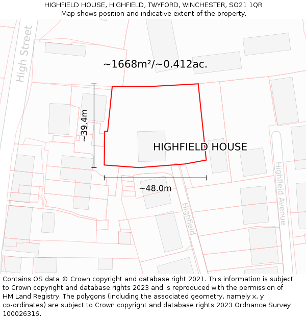 HIGHFIELD HOUSE, HIGHFIELD, TWYFORD, WINCHESTER, SO21 1QR: Plot and title map