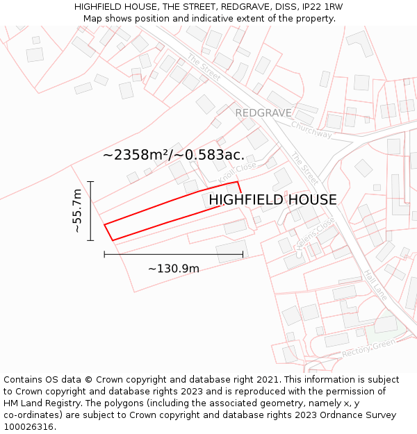 HIGHFIELD HOUSE, THE STREET, REDGRAVE, DISS, IP22 1RW: Plot and title map