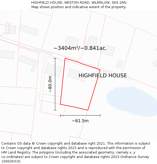 HIGHFIELD HOUSE, WESTON ROAD, WILMSLOW, SK9 2AN: Plot and title map