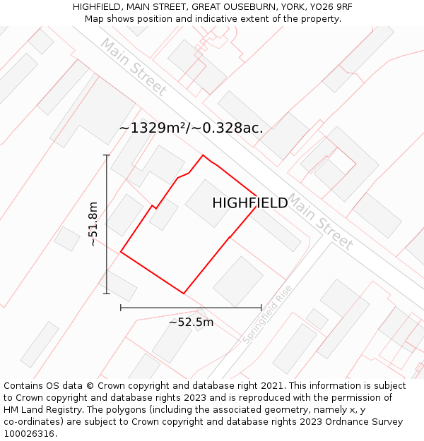 HIGHFIELD, MAIN STREET, GREAT OUSEBURN, YORK, YO26 9RF: Plot and title map