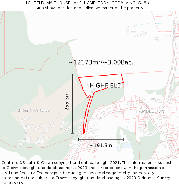 HIGHFIELD, MALTHOUSE LANE, HAMBLEDON, GODALMING, GU8 4HH: Plot and title map