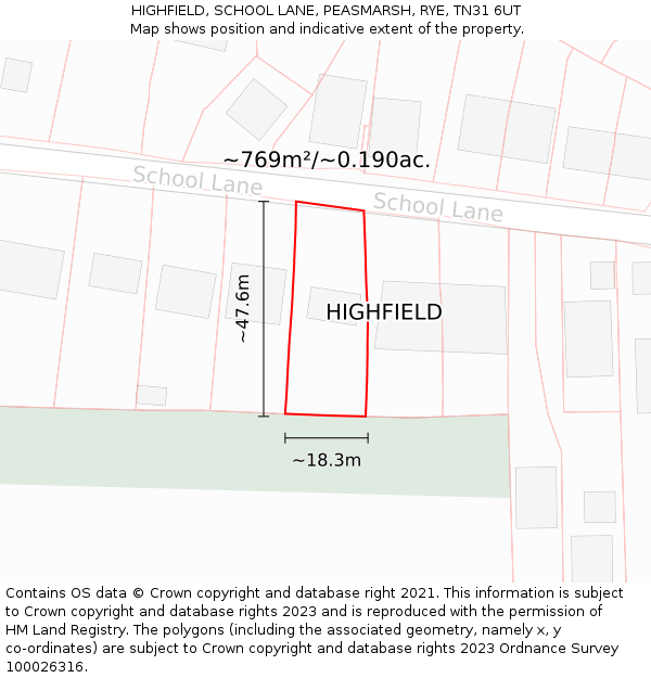 HIGHFIELD, SCHOOL LANE, PEASMARSH, RYE, TN31 6UT: Plot and title map