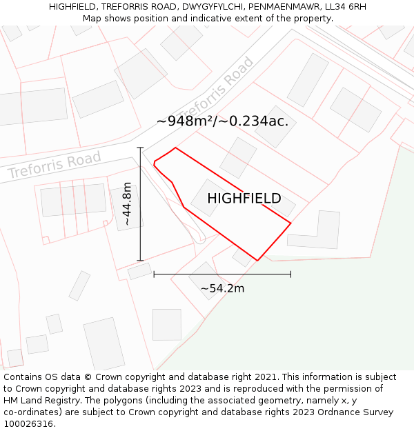 HIGHFIELD, TREFORRIS ROAD, DWYGYFYLCHI, PENMAENMAWR, LL34 6RH: Plot and title map