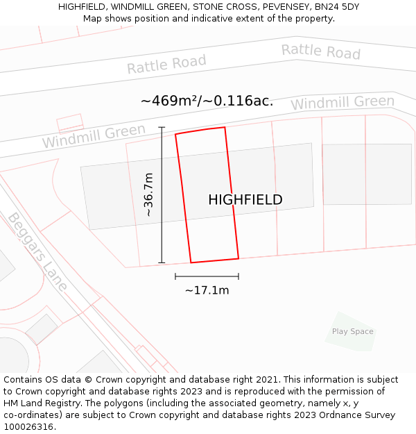 HIGHFIELD, WINDMILL GREEN, STONE CROSS, PEVENSEY, BN24 5DY: Plot and title map