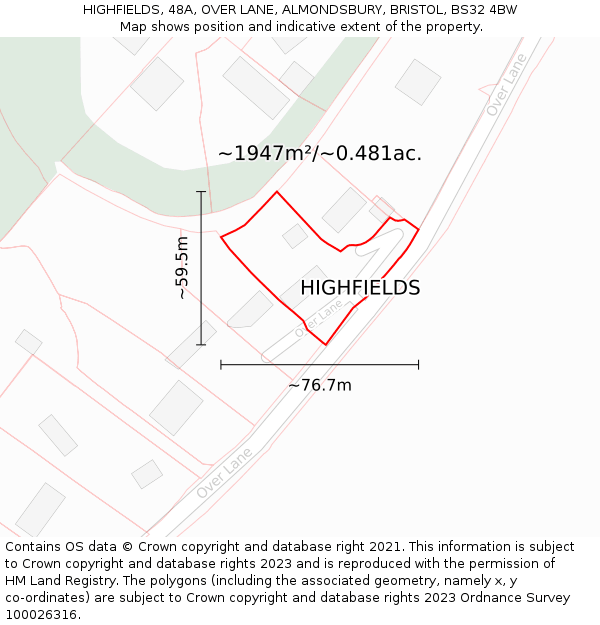 HIGHFIELDS, 48A, OVER LANE, ALMONDSBURY, BRISTOL, BS32 4BW: Plot and title map