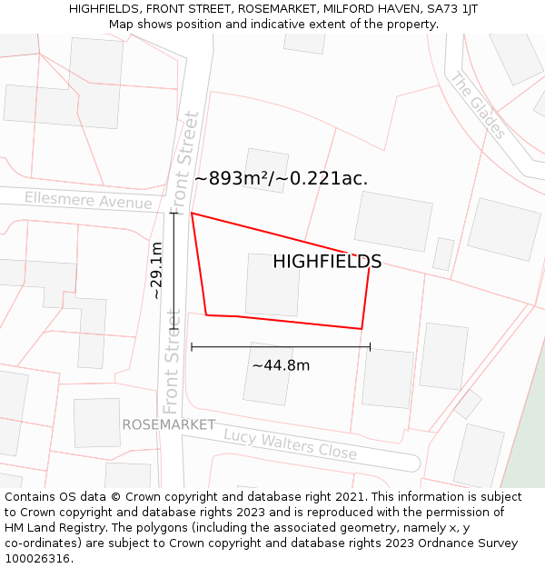 HIGHFIELDS, FRONT STREET, ROSEMARKET, MILFORD HAVEN, SA73 1JT: Plot and title map
