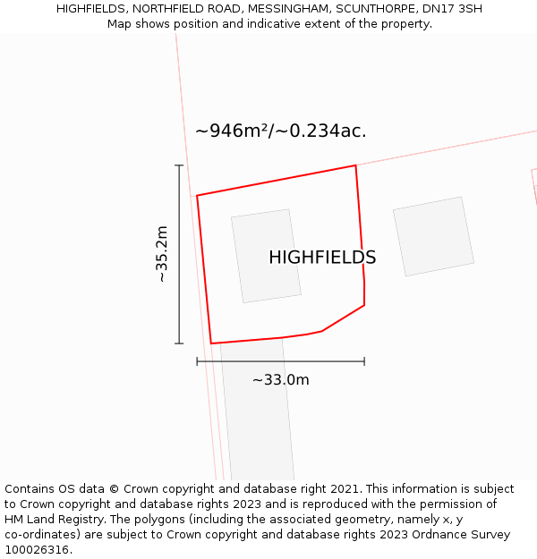 HIGHFIELDS, NORTHFIELD ROAD, MESSINGHAM, SCUNTHORPE, DN17 3SH: Plot and title map