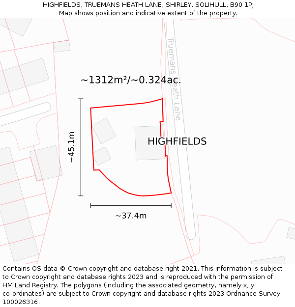 HIGHFIELDS, TRUEMANS HEATH LANE, SHIRLEY, SOLIHULL, B90 1PJ: Plot and title map