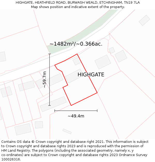 HIGHGATE, HEATHFIELD ROAD, BURWASH WEALD, ETCHINGHAM, TN19 7LA: Plot and title map