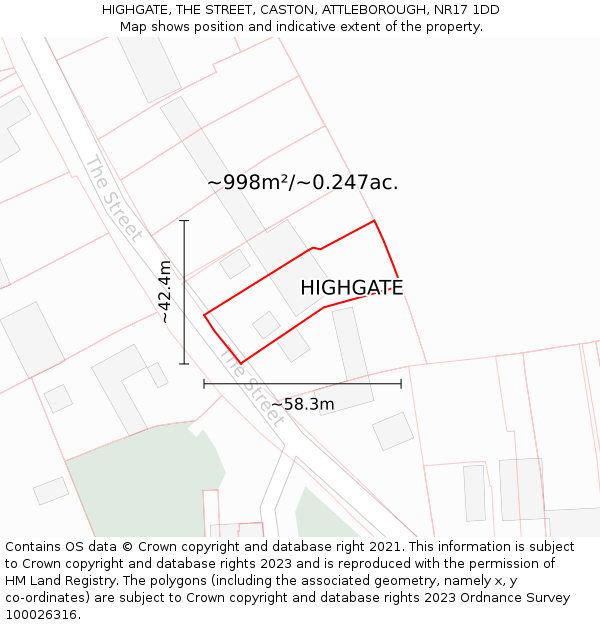 HIGHGATE, THE STREET, CASTON, ATTLEBOROUGH, NR17 1DD: Plot and title map