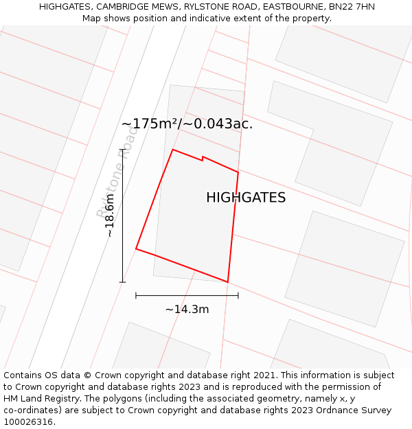 HIGHGATES, CAMBRIDGE MEWS, RYLSTONE ROAD, EASTBOURNE, BN22 7HN: Plot and title map