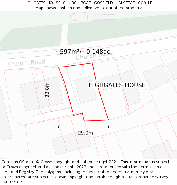 HIGHGATES HOUSE, CHURCH ROAD, GOSFIELD, HALSTEAD, CO9 1TL: Plot and title map