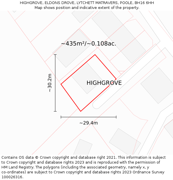 HIGHGROVE, ELDONS DROVE, LYTCHETT MATRAVERS, POOLE, BH16 6HH: Plot and title map