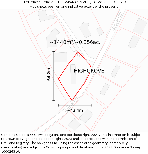 HIGHGROVE, GROVE HILL, MAWNAN SMITH, FALMOUTH, TR11 5ER: Plot and title map