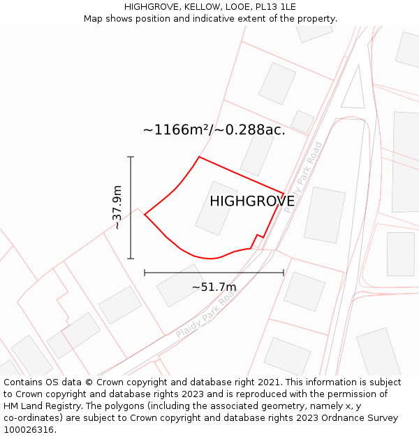 HIGHGROVE, KELLOW, LOOE, PL13 1LE: Plot and title map