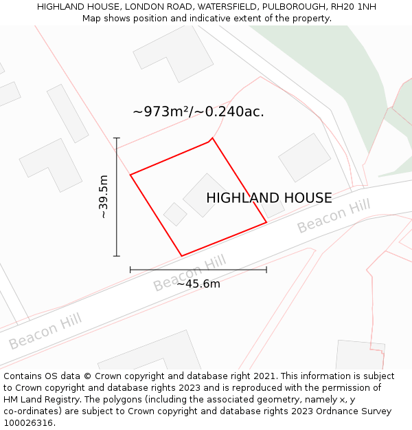 HIGHLAND HOUSE, LONDON ROAD, WATERSFIELD, PULBOROUGH, RH20 1NH: Plot and title map