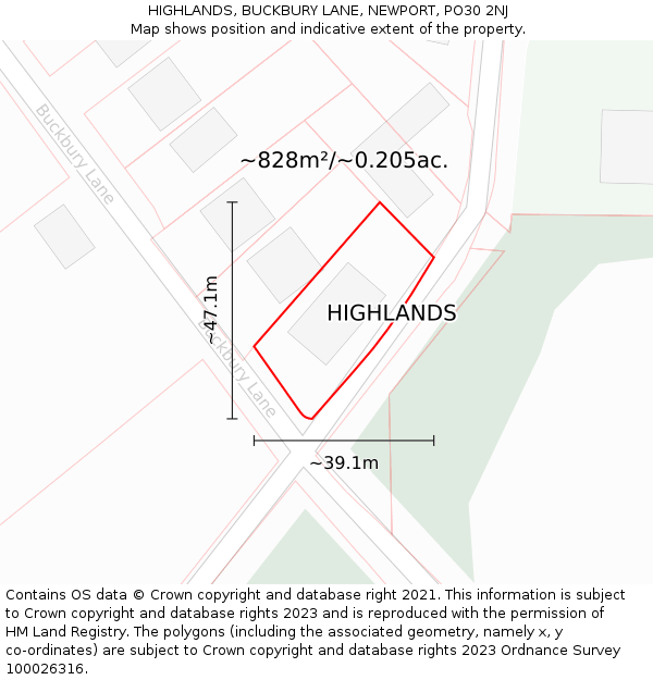 HIGHLANDS, BUCKBURY LANE, NEWPORT, PO30 2NJ: Plot and title map