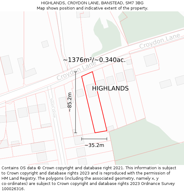 HIGHLANDS, CROYDON LANE, BANSTEAD, SM7 3BG: Plot and title map