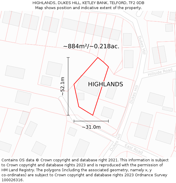 HIGHLANDS, DUKES HILL, KETLEY BANK, TELFORD, TF2 0DB: Plot and title map