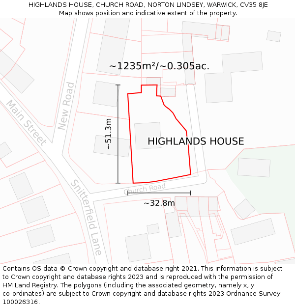 HIGHLANDS HOUSE, CHURCH ROAD, NORTON LINDSEY, WARWICK, CV35 8JE: Plot and title map