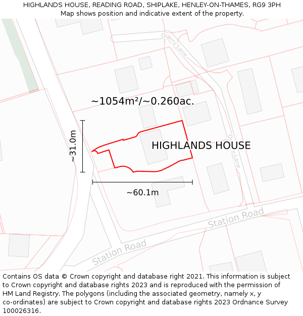 HIGHLANDS HOUSE, READING ROAD, SHIPLAKE, HENLEY-ON-THAMES, RG9 3PH: Plot and title map