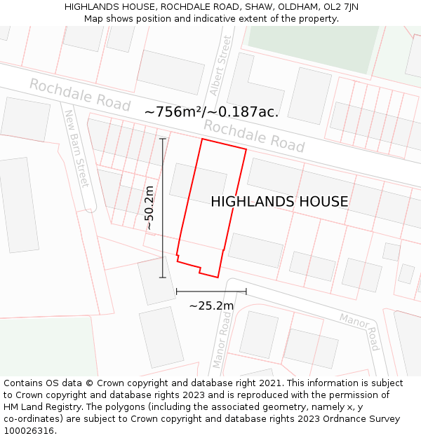 HIGHLANDS HOUSE, ROCHDALE ROAD, SHAW, OLDHAM, OL2 7JN: Plot and title map