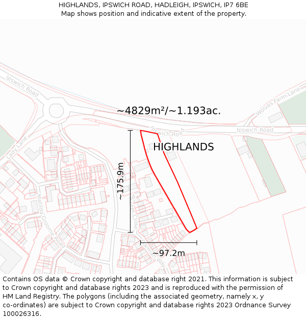 HIGHLANDS, IPSWICH ROAD, HADLEIGH, IPSWICH, IP7 6BE: Plot and title map