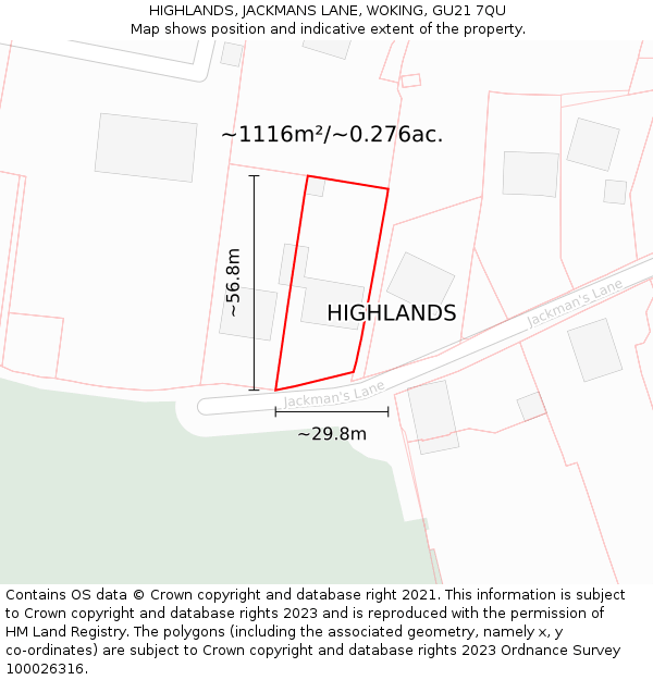 HIGHLANDS, JACKMANS LANE, WOKING, GU21 7QU: Plot and title map