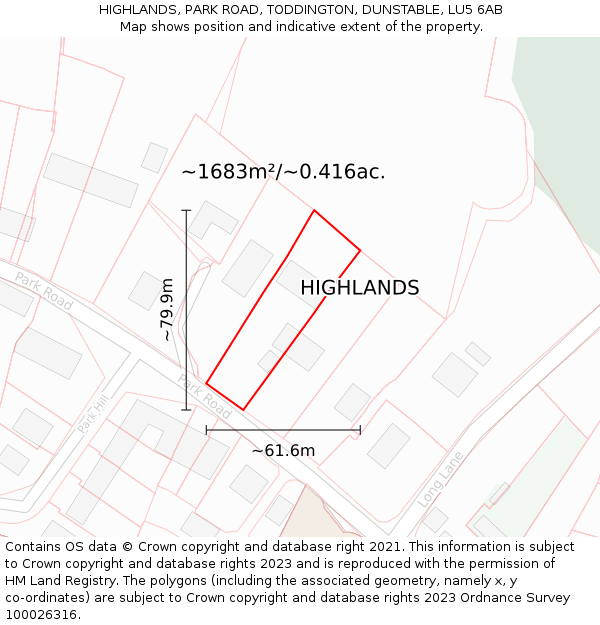 HIGHLANDS, PARK ROAD, TODDINGTON, DUNSTABLE, LU5 6AB: Plot and title map