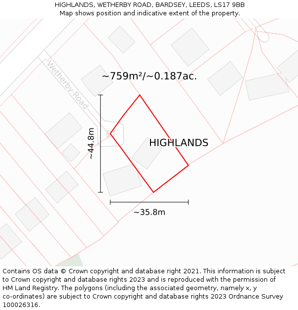 HIGHLANDS, WETHERBY ROAD, BARDSEY, LEEDS, LS17 9BB: Plot and title map