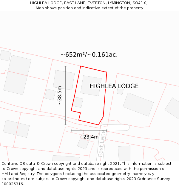 HIGHLEA LODGE, EAST LANE, EVERTON, LYMINGTON, SO41 0JL: Plot and title map