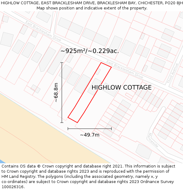 HIGHLOW COTTAGE, EAST BRACKLESHAM DRIVE, BRACKLESHAM BAY, CHICHESTER, PO20 8JH: Plot and title map