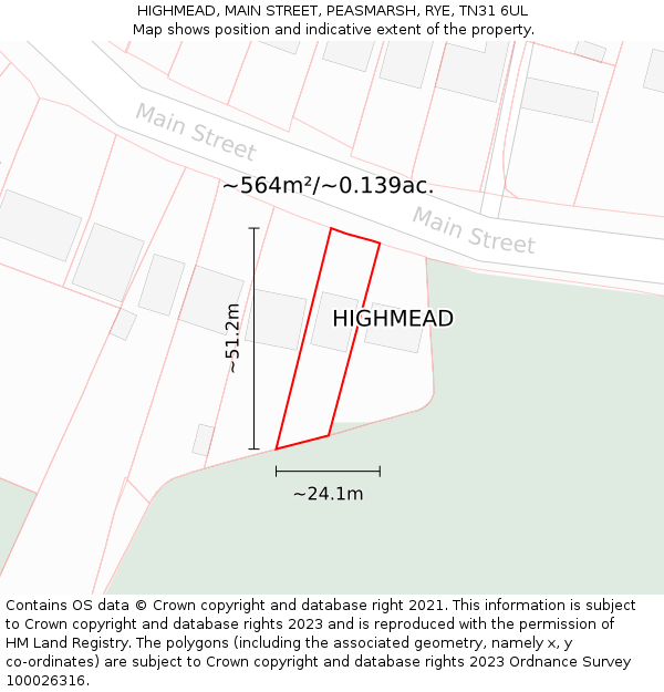 HIGHMEAD, MAIN STREET, PEASMARSH, RYE, TN31 6UL: Plot and title map