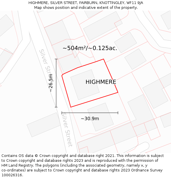 HIGHMERE, SILVER STREET, FAIRBURN, KNOTTINGLEY, WF11 9JA: Plot and title map