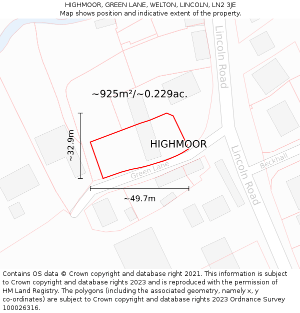 HIGHMOOR, GREEN LANE, WELTON, LINCOLN, LN2 3JE: Plot and title map