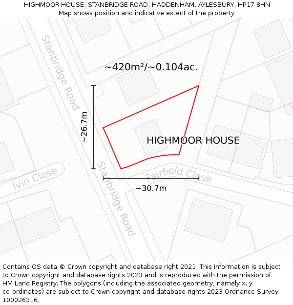 HIGHMOOR HOUSE, STANBRIDGE ROAD, HADDENHAM, AYLESBURY, HP17 8HN: Plot and title map