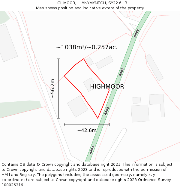HIGHMOOR, LLANYMYNECH, SY22 6HB: Plot and title map