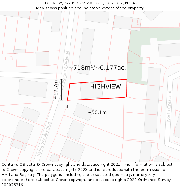 HIGHVIEW, SALISBURY AVENUE, LONDON, N3 3AJ: Plot and title map