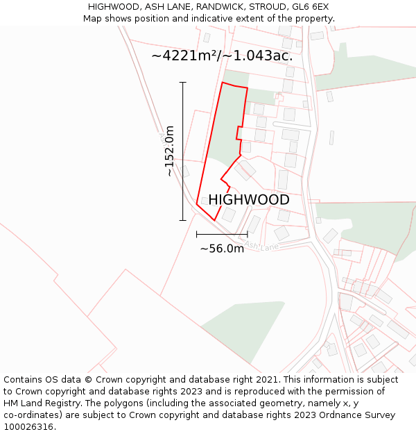 HIGHWOOD, ASH LANE, RANDWICK, STROUD, GL6 6EX: Plot and title map