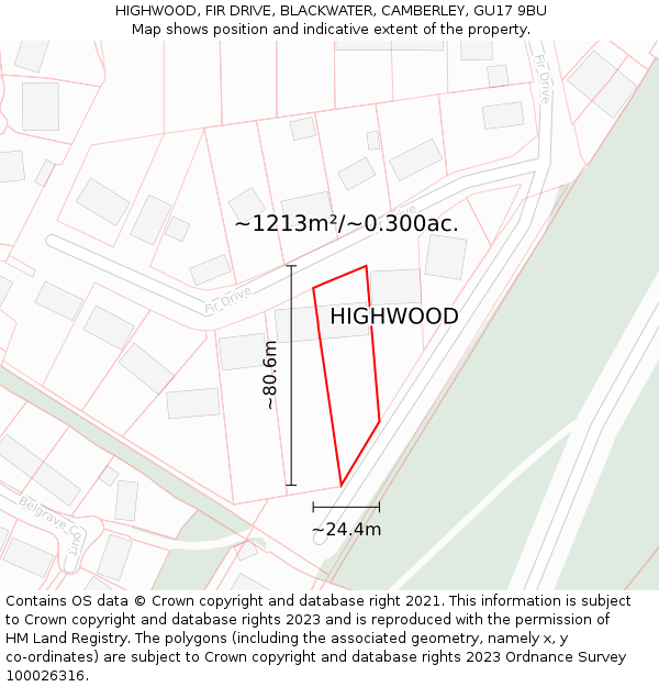 HIGHWOOD, FIR DRIVE, BLACKWATER, CAMBERLEY, GU17 9BU: Plot and title map