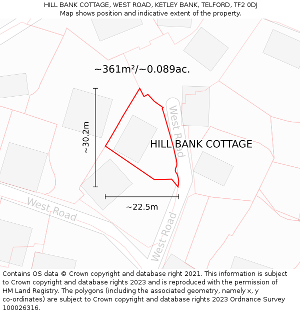 HILL BANK COTTAGE, WEST ROAD, KETLEY BANK, TELFORD, TF2 0DJ: Plot and title map