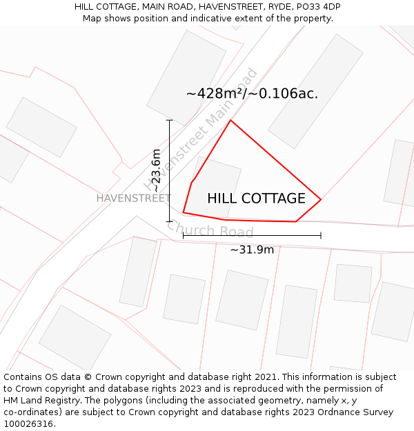 HILL COTTAGE, MAIN ROAD, HAVENSTREET, RYDE, PO33 4DP: Plot and title map