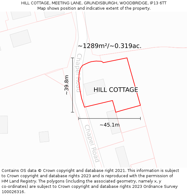 HILL COTTAGE, MEETING LANE, GRUNDISBURGH, WOODBRIDGE, IP13 6TT: Plot and title map